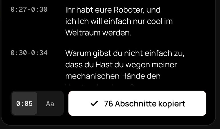 Kopieren-Button im TranscribeClear-Panel