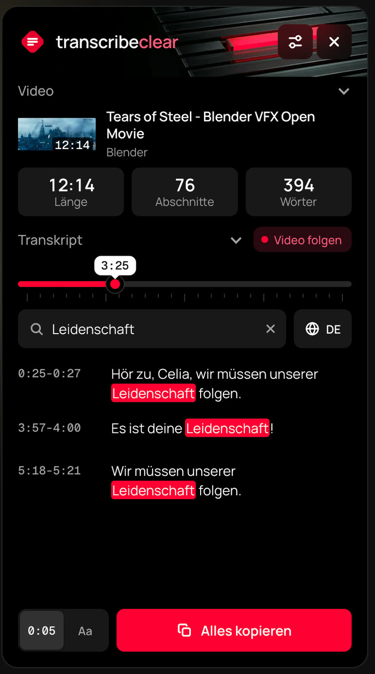Suchergebnisse im TranscribeClear-Panel