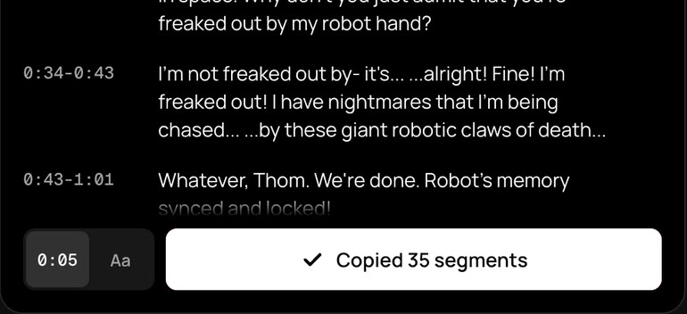 Copy button in the TranscribeClear panel