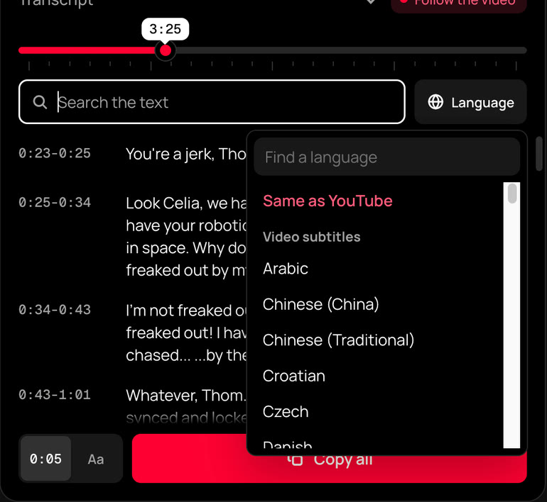 Language menu in the TranscribeClear panel
