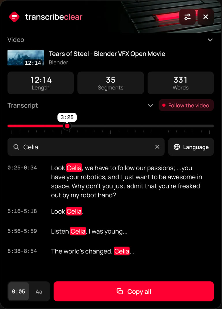 Search results in the TranscribeClear panel