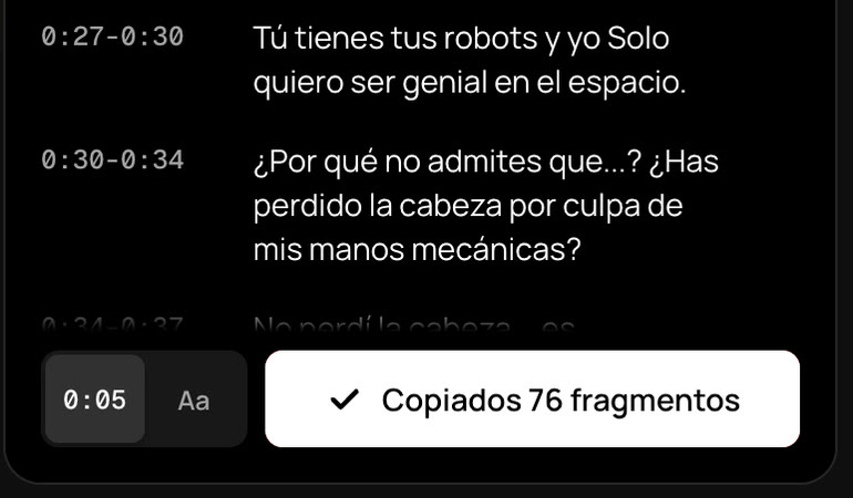 Botón de copiar en el panel de TranscribeClear