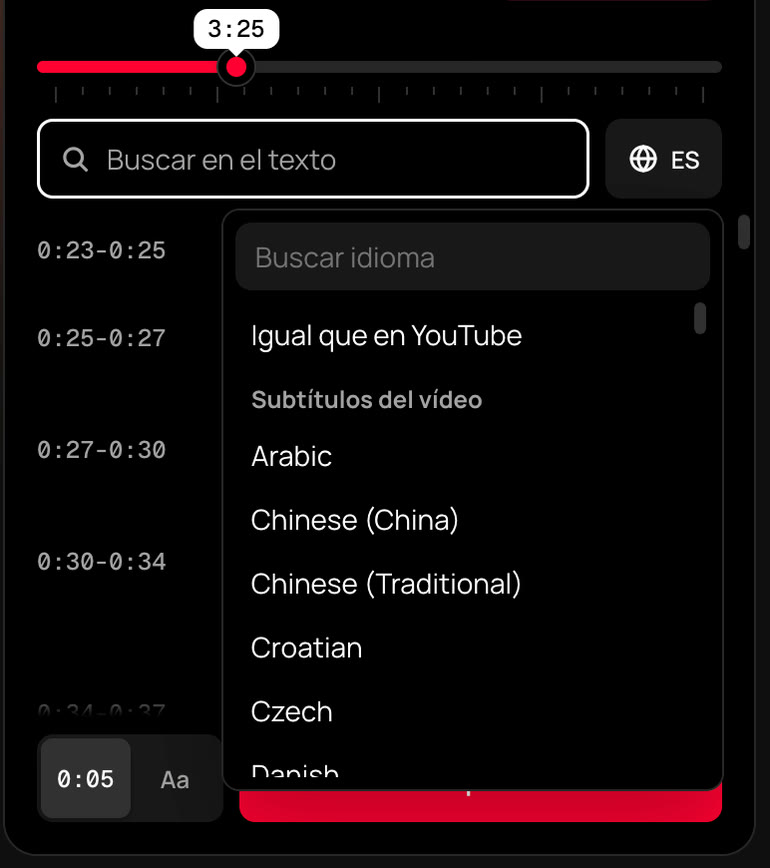 Menú de idiomas en el panel de TranscribeClear