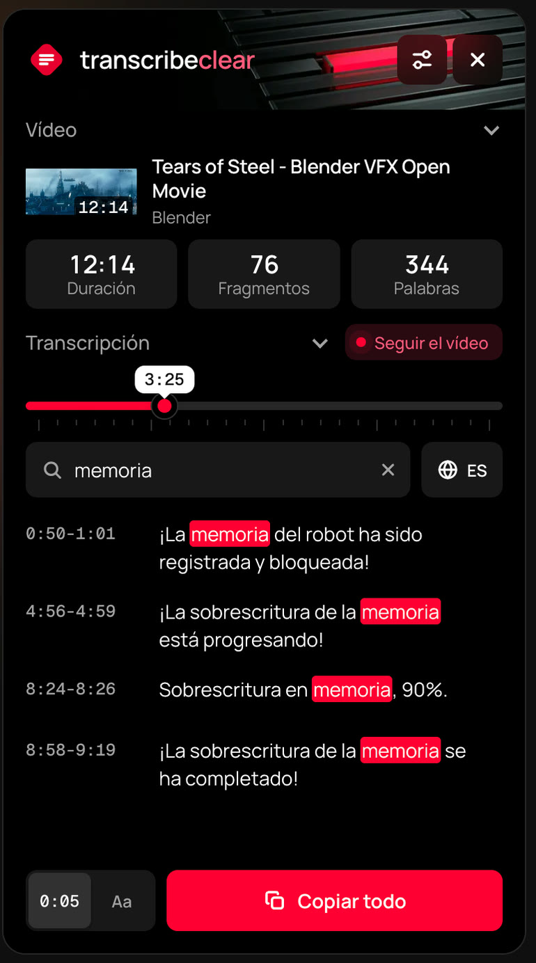 Resultados de búsqueda en el panel de TranscribeClear