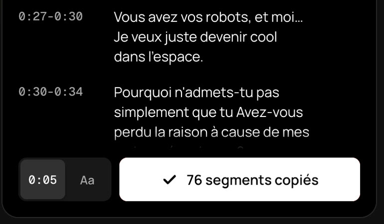Bouton de copie dans le panneau TranscribeClear