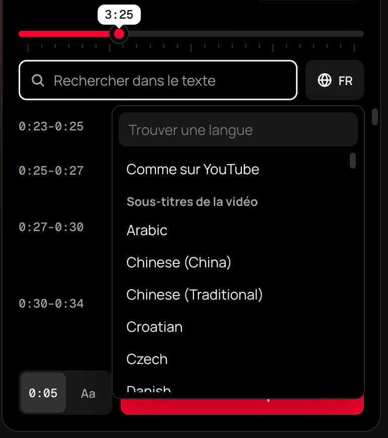 Menu des langues dans le panneau TranscribeClear