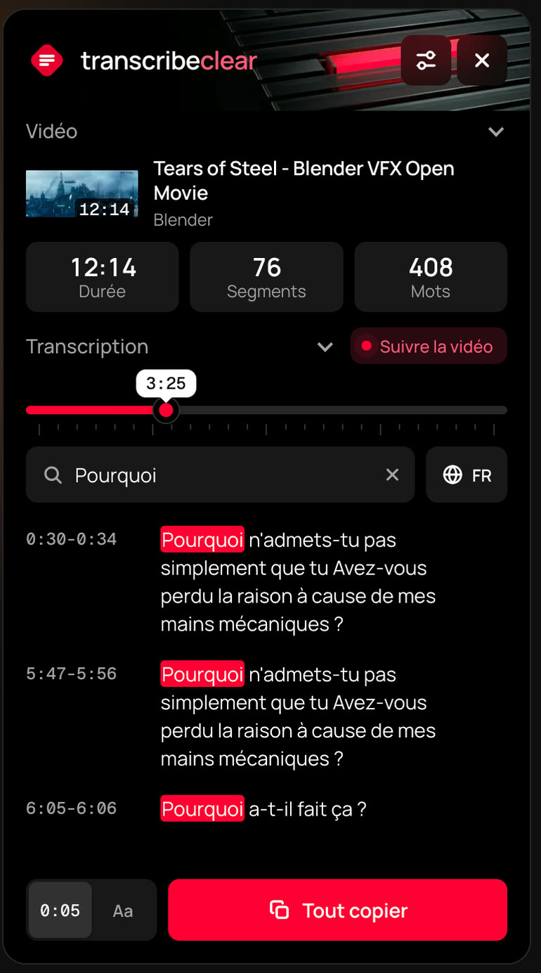 Résultats de recherche dans le panneau TranscribeClear