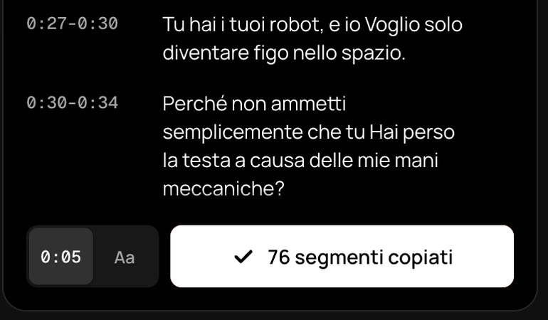 Pulsante di copia nel pannello di TranscribeClear