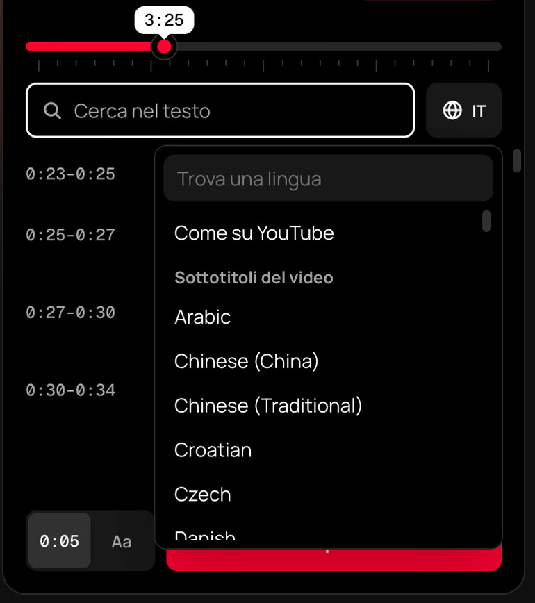 Menu delle lingue nel pannello di TranscribeClear
