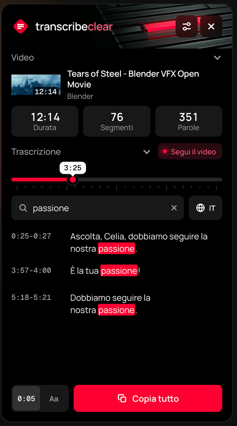 Risultati della ricerca nel pannello di TranscribeClear