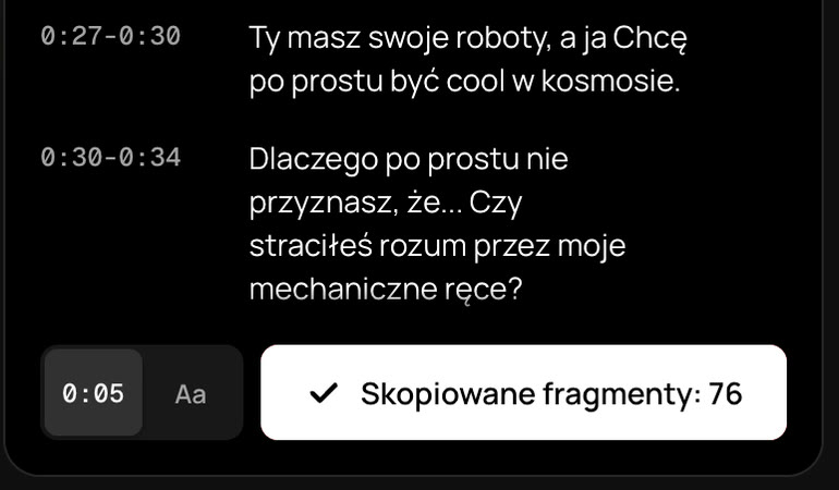 Przycisk kopiowania w panelu TranscribeClear