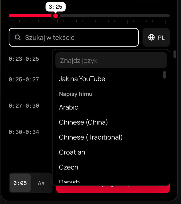 Menu języków w panelu TranscribeClear