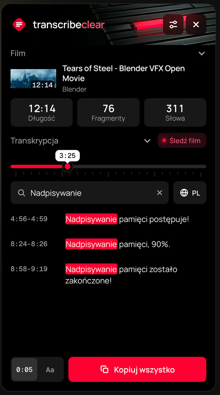Wyniki wyszukiwania w panelu TranscribeClear