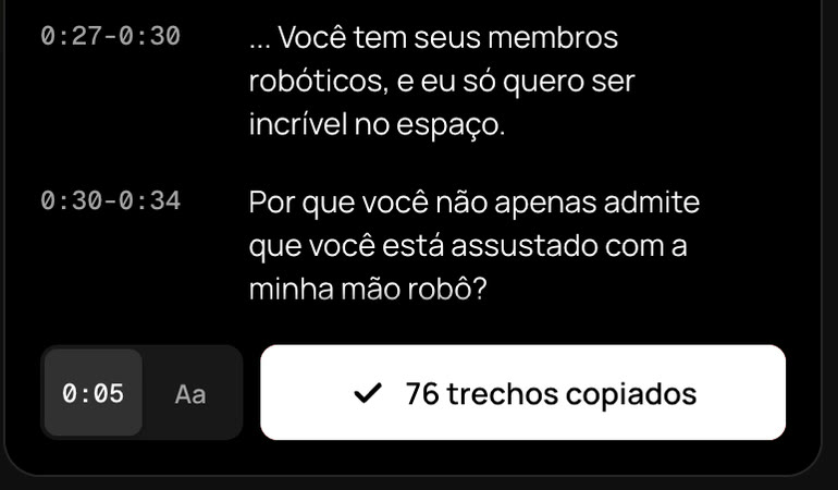 Botão de copiar no painel do TranscribeClear