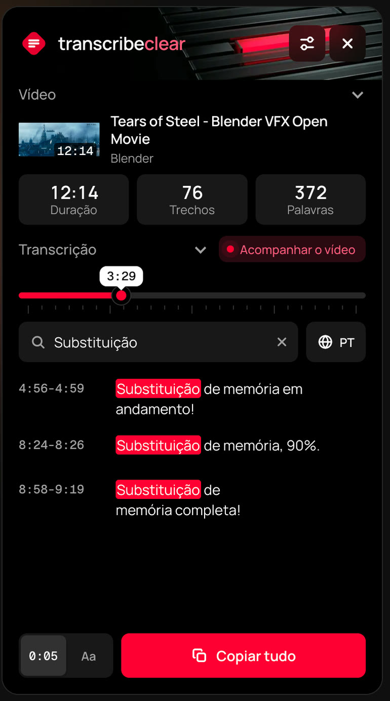 Resultados de busca no painel do TranscribeClear