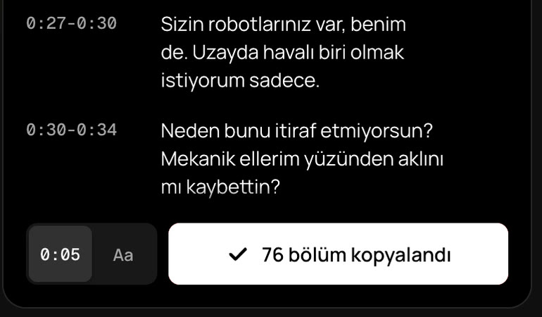 TranscribeClear panelindeki kopyala düğmesi