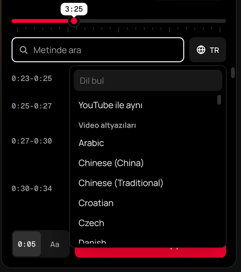 TranscribeClear panelindeki dil menüsü