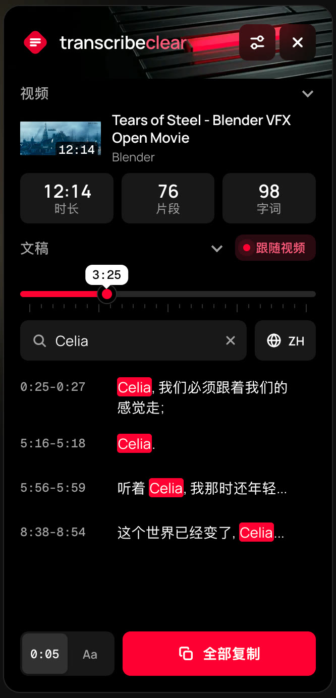 TranscribeClear 面板中的搜索结果